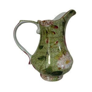 Antique Reflections J. Godinger 5.75” Green w/ Pink Floral & Leaf Print Pitcher
